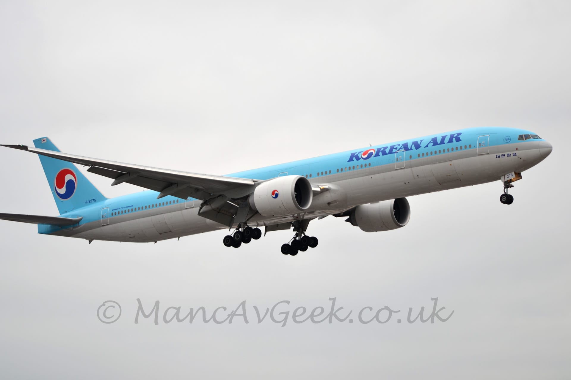 Side view of a light blue, twin engined jet airliner flying from left to right at a low altitude, with undercarriage lowered and flaps extended from the rear of the wings, suggesting it is about to land. Th top half of the plane is light blue, with a thick grey stripe separating that from the white belly. There are dark blue "Korean Air" titles on the upper forward fuselage, a slightly modified, red, blue, and white Yin-Yang symbol replacing the letter "O". That same symbol appears on the tail, and on the sides of the white engine pods under the wings. Flat grey sky fills the background.