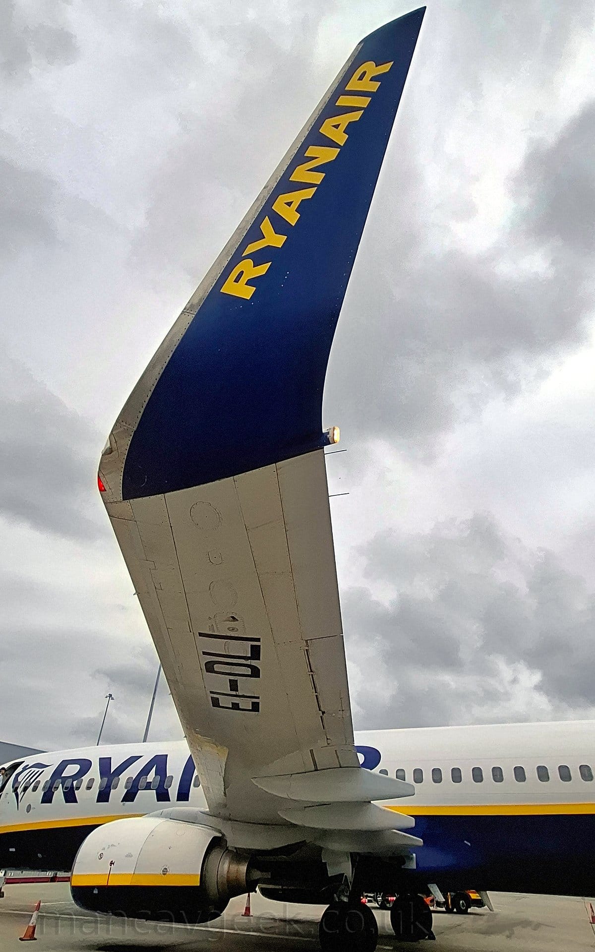 Close-up of the dark blue, upturned wingtip of a white and blue, twin engined jet airliner, parked facing to the left. The planes left wing dominates the frame, looming over the camera and stretching backwards to join the body. The plane has white upper surfaces, with yellow piping separating that from the dark blue belly, the same design repeated on the engine pods slung under the wings. There are large, blue "RyanAir" titles on the upper forward fuselage, the last part obscured by the wing, with the same titles in yellow on the upturned wingtip. The dark blue registration "EI-DLI" is visible on the underside of the left wing. Grey cloudy sky fills the rest of the frame.