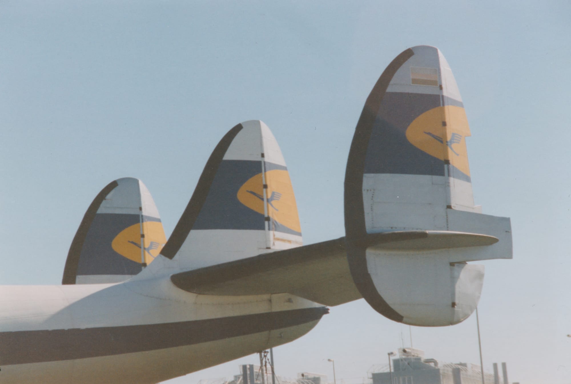 Close-up of the triple tail of a piston-engined airliner in a retro colour scheme on display in an outdoor museum. The plane is mostly white with a blue stripe running along the body. The plane's triple tails are white, with blue bands across the middle, containing a yellow oval with a stylised flying blue bird in the centre. Pale blue sky fills the rest of the frame.