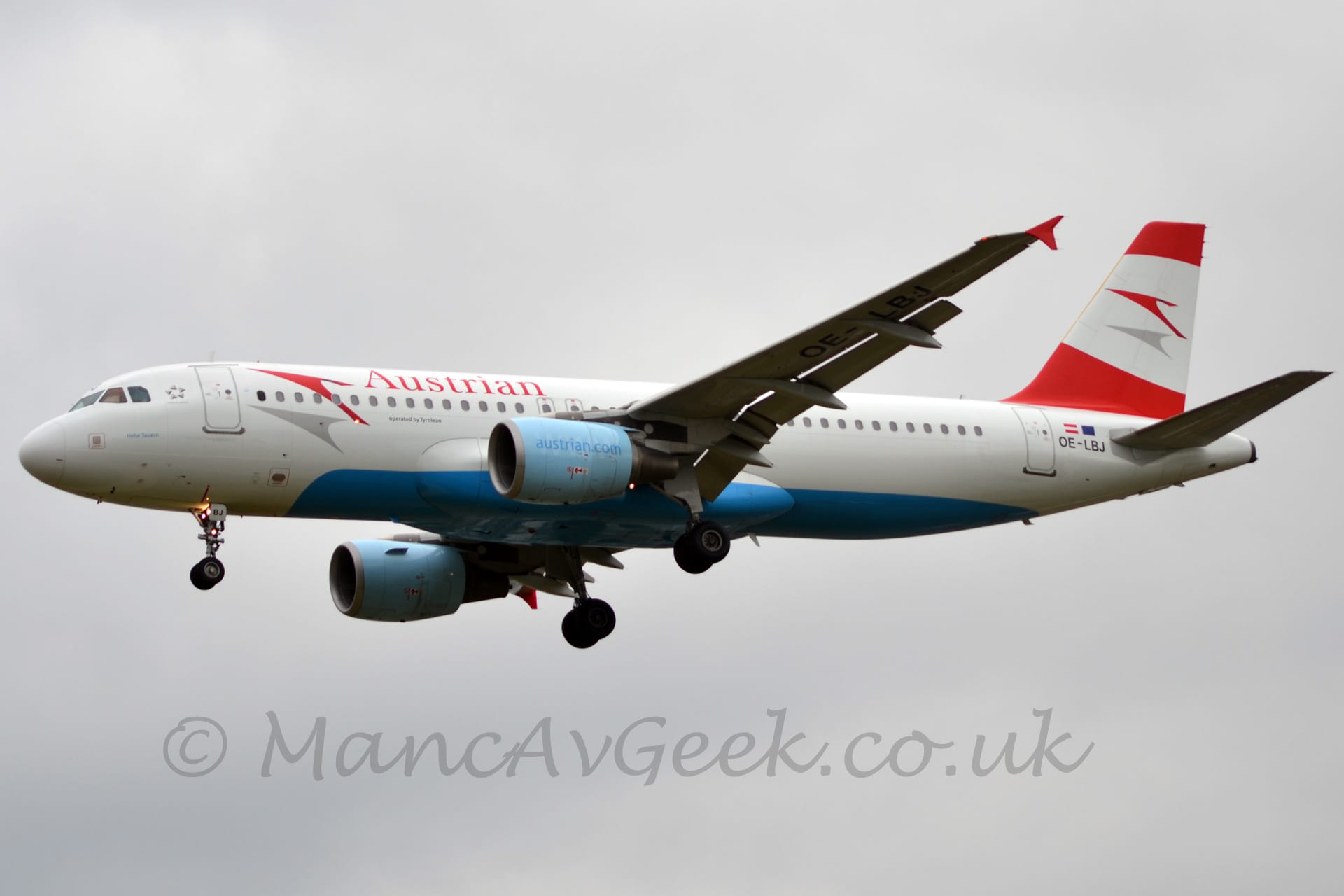 Side view of a twin engined jet airliner flying from right to left at a very low altitude, with undercarriage lowered and flaps extended from the rear of the wings, suggesting it is about to land. The plane is mostly white, with a pale blue belly. There are red "Austrian" titles on the upper forward fuselage, just aft of a stylised flying red bird just above the forward cabin windows, with a grey drop shadow just below the windows. The same red and grey logo appears in a larger form on a wide white band around the red tail. The engine pods are a vey pale blue, with "Austrian.com" text in a blue almost the same shade as the belly. The vertical fences on the wing tips are also red. Flat grey sky fills the rest of the frame.