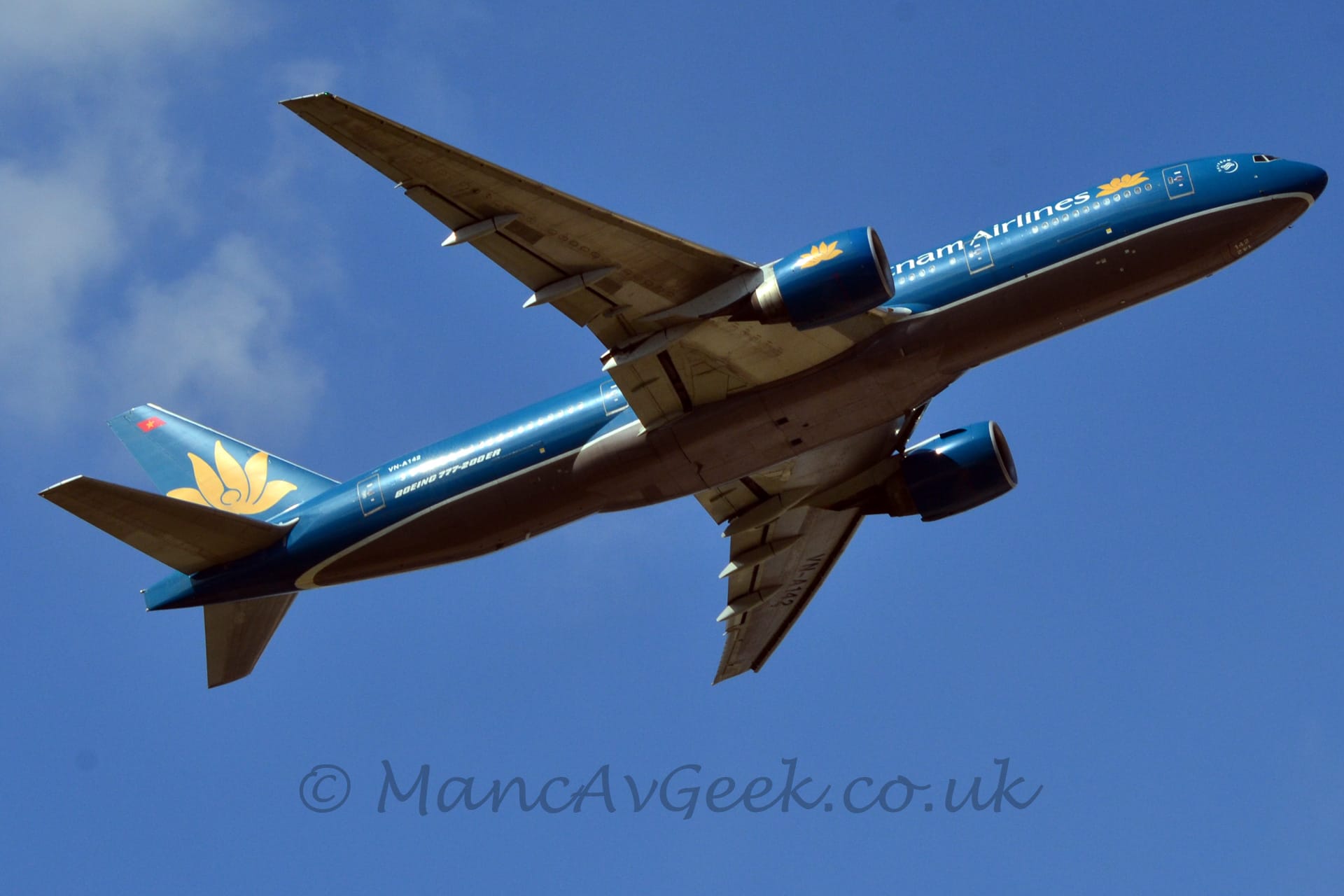There are white "Vietnam Airlines" titles on the upper forward fuselage, the first few letters obscured by the right engine. A golden flower is on the forward fuselage, as well as on the blue engine pods under the wings, and in a larger form on the tail. The registration "VN-A142" is on the upper rear fuselage in white, and under the outer panels of the underside of the left wing, in black. Blue sky with fluffs of white cloud on the left of the frame fill the rest of the frame.