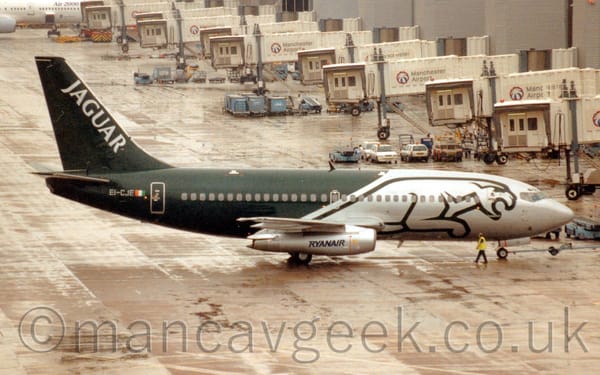 Side view of a green and grey, twin engined jet airliner facing to the right