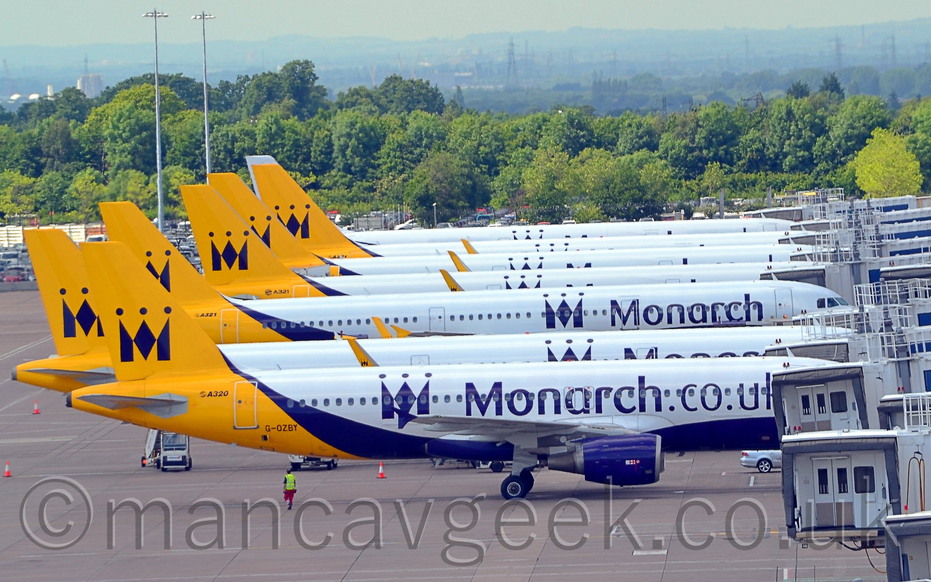 Side view of a group of near identical jet airliners lined up facing to the right, attached to terminal airbridges. The planes are mostly white, with a blue belly, and yellow tails and rear fuselages. The planes have "Monarch" titles (or occasionally "Monarch.co.uk" titles) on the forward fuselage, , ahead of a large blue letter "M" with 3 dots over the top, resembling a crown. The same crown logo is featured on the tail. The plane furthest awa is larger, with a white tail instead of yellow. In the background, trees mark the airfield boundary, with trees, buildings, and large electrical pylons extending into the hazy distance, under a grey sky.