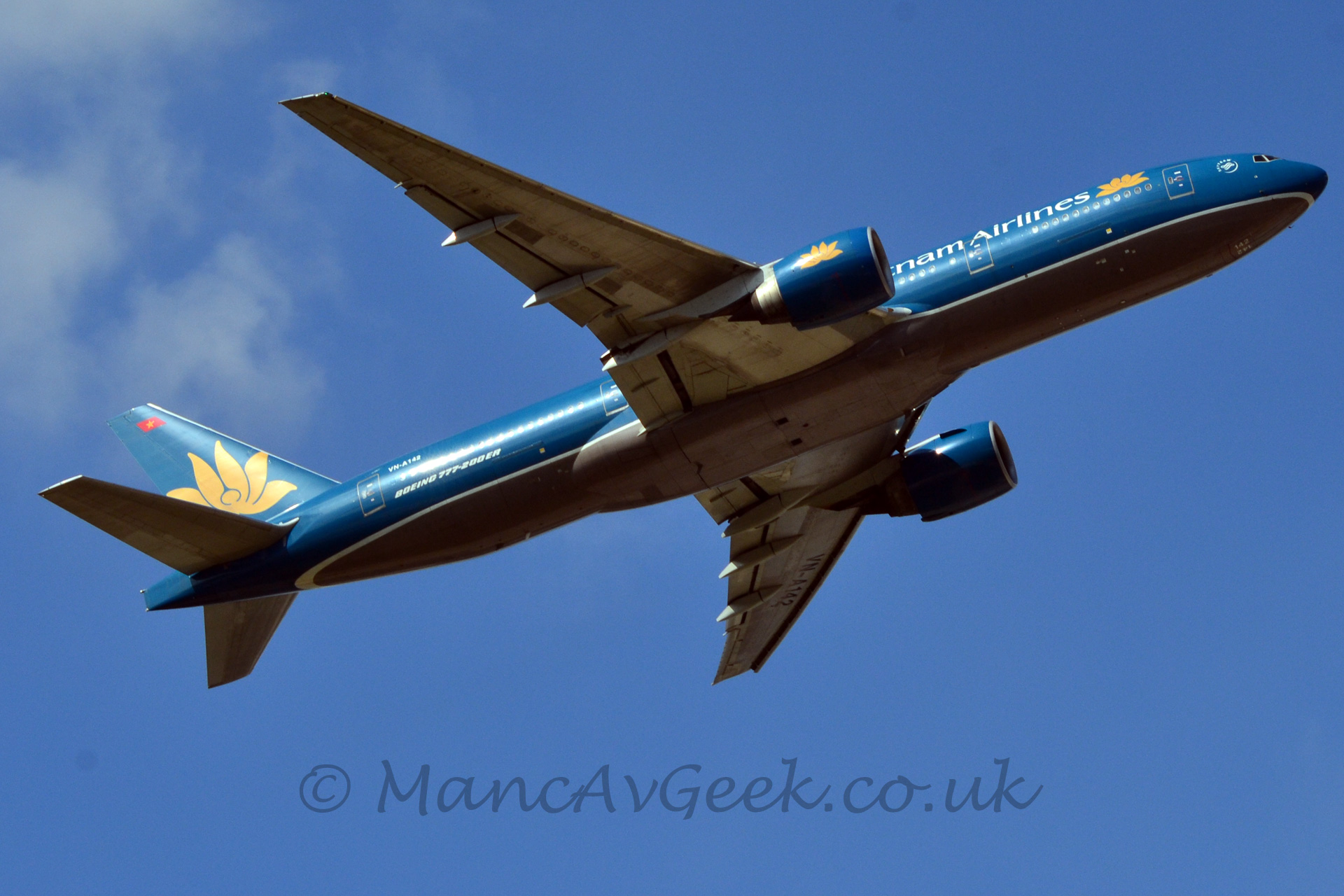 Low side view of a twin engined jet airliner flying from left to right at a low altitude with the flaps extended behind the wings and nose raised quite sharply, suggesting it has just taken off. The plane is mostly dark blue with a dark grey belly, and white "Vietnam Airlines" titles on the upper forward fuselage, partially obscured by the engine. A large golden flower adorns the upper forward fuselage, the tail, and the engine pods. The registration "VN-A142" is visible in white on the upper rear fuselage, and in black under the left wing. Behind the plane, the sky is an intense blue, with wisps of cloud in the top left corner.