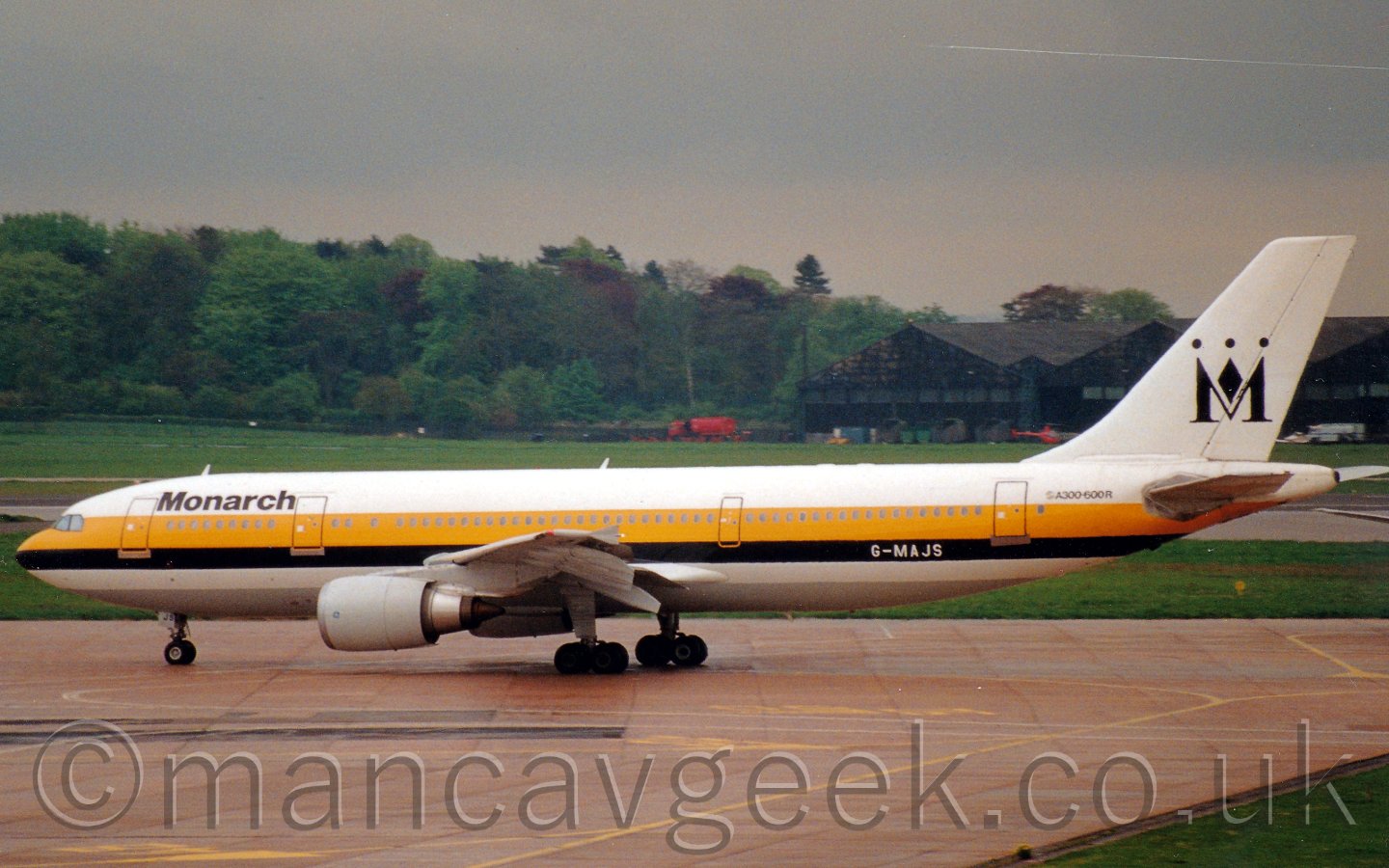 G-MAJS, Airbus A300B4-605R, Monarch Airlines, taxiing out to Runway 24 at Manchester Airport, some time in the 1990s.