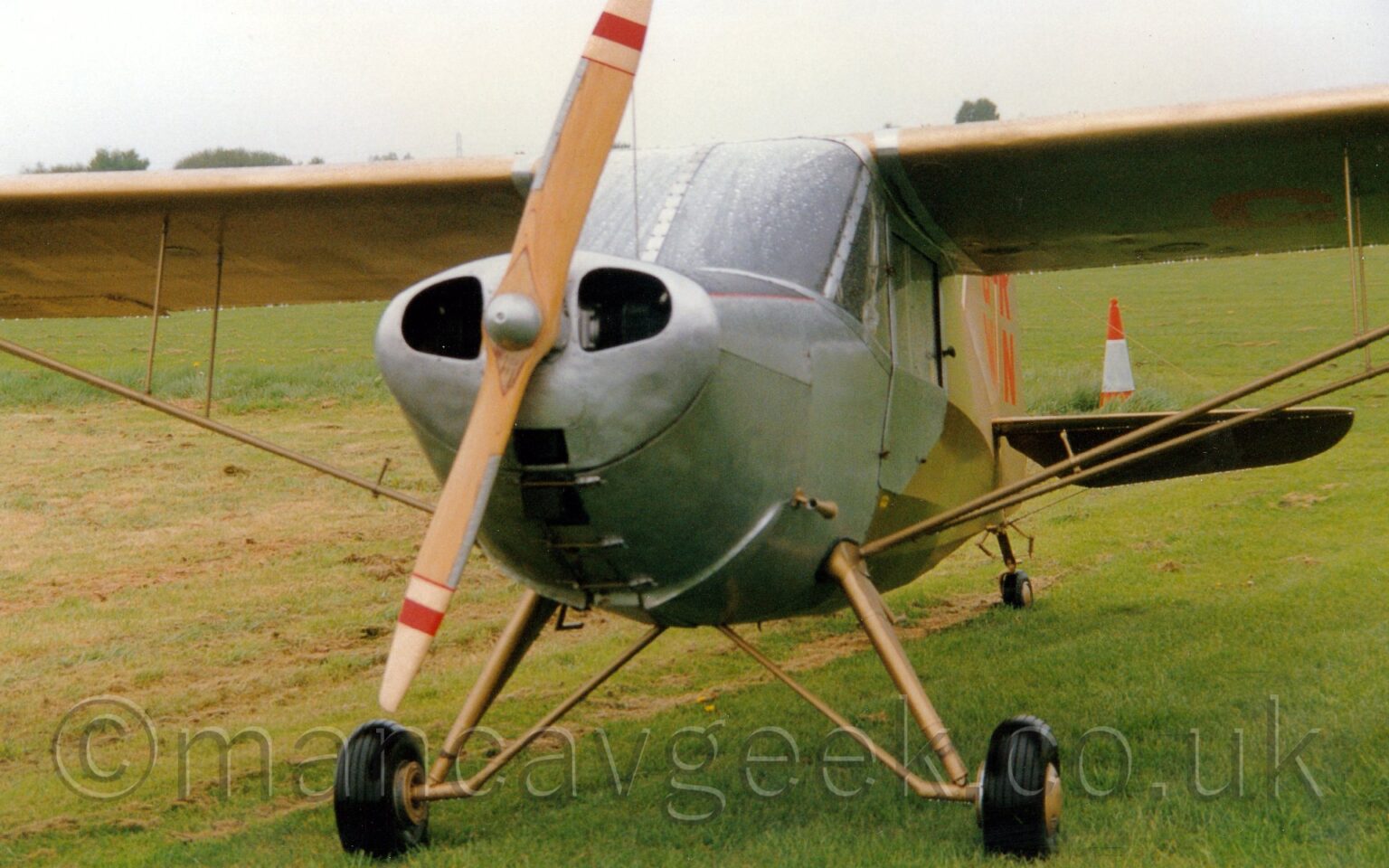 Almost head-on view of a single-engined, high-winged light aircraft parked facing to the left of the camera on a grassy field. The plane is mostly in a golden finish on the body and wings, with silver engine cowlings and doors. The wooden propellor has white, red, and white bands on the tips. The red registration "G-RWIN" is visible on the tail. Green grass fills the foreground and most of the background, with trees in the distance visible over the tops of the wings, meeting grey sky.