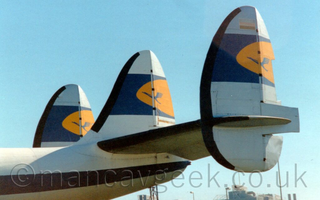 Close-up of the triple tail of a piston-engined airliner in a retro colour scheme on display in an outdoor museum. The plane is mostly white with a blue stripe running along the body. The plane's triple tails are white, with blue bands across the middle, containing a yellow oval with a stylised flying blue bird in the centre. Pale blue sky fills the rest of the frame.