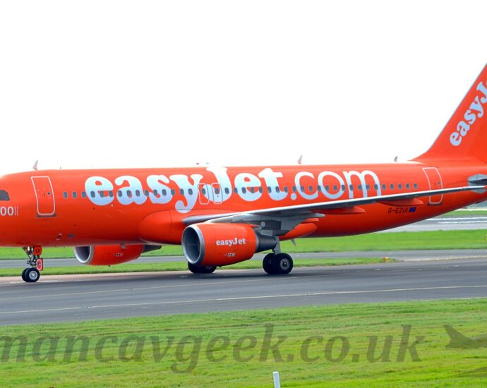 Side view of an extremely orange, twin engined jet airliner taxiing from right to left along a black taxiway. The plane is almost entirely orange, with billboard-style white "easyjet.com" titles on the side of the fuselage, the white number "200" under the cockpit windows, and diagonal white "easyJet" titles on the tail. Even the wingtip fences are painted orange, while the black registration "G-EZUI" is the only break in the colour scheme. Lush green grass fills the foreground, with more visible under the plane in the background, and trees on the skyline in the distance. Flat white sky fills the top of the frame.