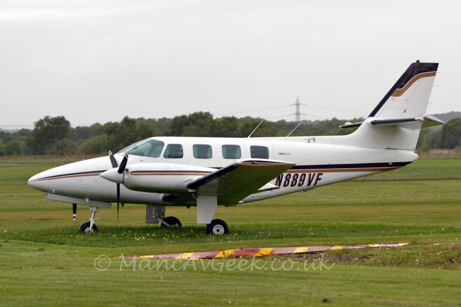 Side view of a twin propellor-engined parked facing to the left on grass. The plane is largely white, with a black and brown stripe running along the body and engine cowlings, as well as along the top of the tail. The black registration "N889VF" is on the lower rear fuselage with a brown drop shadow. Green grass fills the foreground, with more grass leading up to trees in the distance under flat grey sky, with a tall electricity pylon reaching into the sky, with wires stretching across the width of the frame.