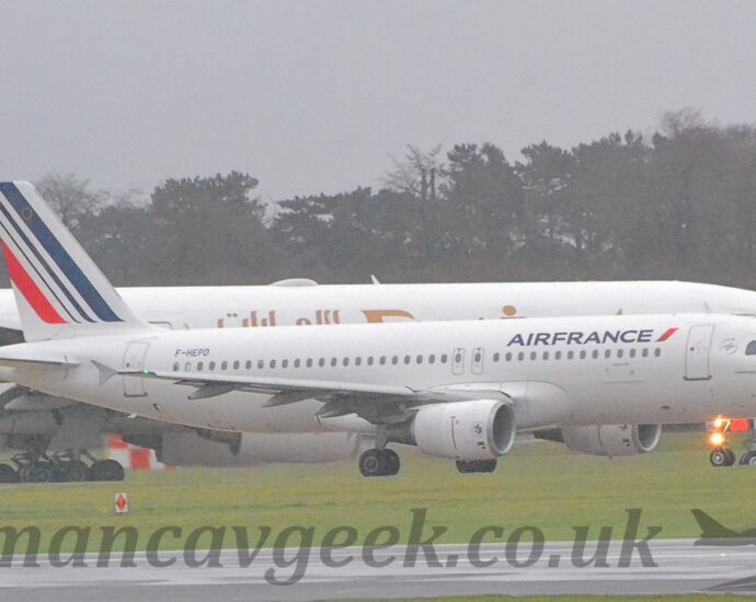 Side view of a twin engined jet airliner taxiing from left to right. The plane is mostly white, with blue "Air France" titles on the upper forward fuselage, the black registration "F-HEPD" on the upper rear, and 3 diagonal blue stripes on the tail, getting narrower as they move rearwards, followed by a single red stripe. There is a single bright light on the nose-wheel, flaring in the camera lens. A black runway and a wide grassed area fill the foreground, with a larger, white, twin-engined jet airliner in the background. Trees beyond that meet flat grey sky.