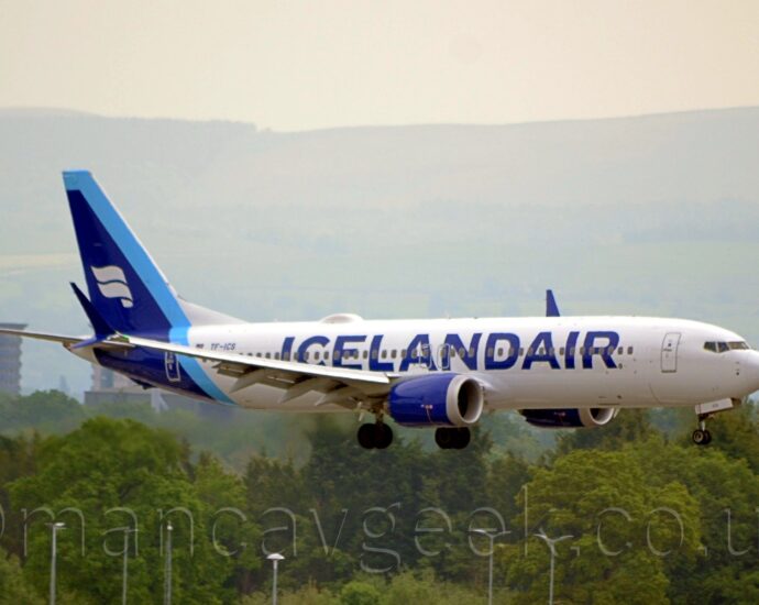 Side view of a white, twin engined jet airliner flying from left to right at a very low altitude, with undercarriage lowered and flaps extended from the rear of the wings. There are large, billboard-style, dark blue "Icelandair" titles on the forward fuselage, with dark blue engine pods in front of and below the wings, and a dark blue tail and rear fuselage. There 2 thick, white, waving stripes on the tail, with a pale blue diagonal stripe running down the front of the tail and across the rear fuselage. Trees in the distance fill the bottom of the frame, with cloudy grey skies filling the top of the frame.