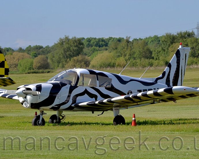 Side view of a single engined light aircraft parked facing to the left on grass. The plane is covered in wavy black and white stripes, looking vaguely like a zebra would if it had wings. Bright green grass fills the foreground and much of the background, with trees in the distance under blue skies. The tail of another light aircraft can be seen in the background on the left, silver at the front and a black and yellow checkerboard pattern at the rear, overlaid with a red star outlined in yellow, and the black letters "FA" under the horizontal stabiliser.