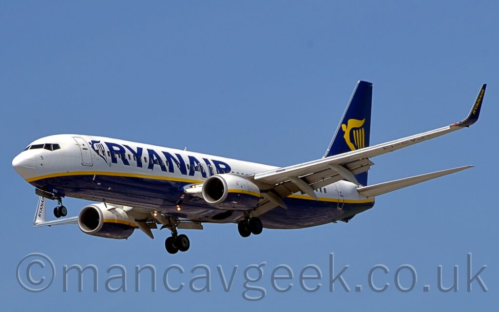 Side view of a twin engined jet airliner flying from right to left at a very low altitude, with undercarriage lowered and flaps extended from the rear of the wings, suggesting it is about to land. The plane is mostly white, with a yellow stripe running along the lower fuselage, and a dark blue belly. There are large, blue "RyanAir" titles on the forward fuselage, next to a large, blue, winged Irish harp. A larger yellow version of that harp logo is also on the dark blue tail. The plane's engines, mounted under the wings, have the same colours as the fuselage - white on top, then a yellow stripe and a dark blue bottom. The up-turned wingtips are blue on the outer face, with diagonal yellow "RyanAir" titles, while on the inner face, they are white with blue titles. The black registration "EI-EVJ" is on the outer panels under the left wing, with the last 3 letters repeated in white on the blue, open nose-wheel doors. Blue sky fills the rest of the frame.