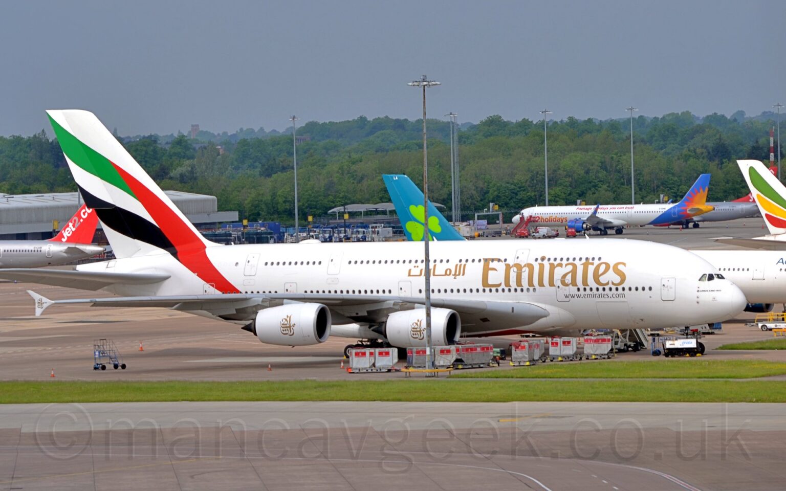 Side view of a very large, 4 engined jet airliner parked facing to the right on a large section of concrete apron. The plane is almost entirely white, with large, golden "Emirates" titles on the forward fuselage, between the 2 passenger deck windows. A large, diagonal version of the United Arab Emirates flag fills the tail and part of the upper rear fuselage. Grey taxiways and a strip of green grass fills the foreground, with several more jet airliners parked in the background, with trees in the distance, under grey sky.