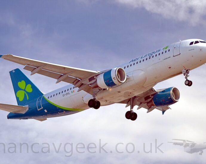 Low side view of a white, twin engined jet airliner flying from left to right at a low altitude, with undercarriage lowered and flaps extended from the rear of the wings, suggesting it is about to land. The plane has dark green "Aer Lingus" titles on the upper forward fuselage, next to a light green shamrock. The rear fuselage and tail is a deep aquamarine, with a larger version of the light green shamrock logo. The wingtips have a vertical metal plate on the end, painted the same aquamarine. The engine pods slung under the wings are slightly different - the one under the left wing is all aquamarine, with chrome high-lights, while the right-hand one is white with a vertical aquamarine band in the middle. Pale grey-blue sky and fluffs of white cloud fill the background.