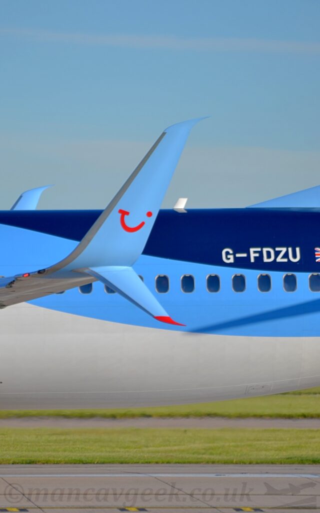 Vertically-oriented close-up of the up-turned (and down-turned) wingtips of a jet airliner taxiing from left to right. The plane has a 2-tone blue upper fuselage and a white belly, with the white registration "G-FDZU" next to a small British flag on the dark blue section, towards the right of the frame. The wingtips are pale blue, with a red winky face in the middle of the up-turned section, and a red tip on the down-turned part. Green grass on the other side of the taxiway is visible under the plane, with pale blue sky and smears of white cloud filling the top of the frame.