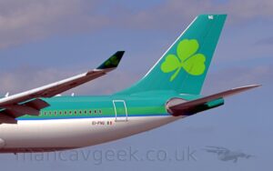 Close-up of the rear fuselage and tail of a twin engined jet airliner flying from right to left at a very low altitude, with flaps hanging down from the rear of the wings, suggesting it is about to land. The plane is dark green on top, with a thick, lighter green stripe running along the body , covering the passenger cabin windows, with a thinner blue strip below that. The lower half is white, with a sliver of grey on the bottom of the belly. A large, bright green shamrock fills most of the dark green tail, a logo repeated in a smaller form on the up-turned wingtips. The black registration "EI-FNG" is on the side of the lower rear fuselage, below and just aft of the rear-most cabin windows, next to a small Irish flag, the registration repeated under the outer panels of the left wing. Pale blue sky fills the rest of the frame, with light wisps of grey cloud visible above the plane.